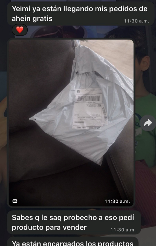 Captura de experiencia — Pedidos llegando a una estudiante de la comunidad.