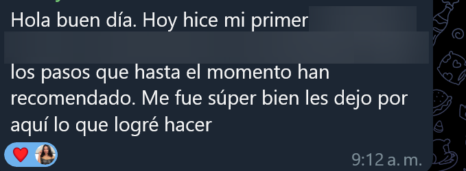 Captura de experiencia — Experiencia compartida por una clienta de mi comunidad privada.
