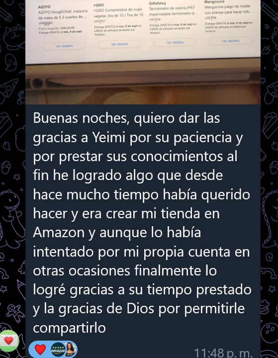 Captura de experiencia — Estudiante que logró abrir su tienda en Amazon.